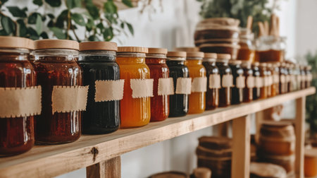A shelf lined with jars of homemade jams in different flavors, with rustic labels, symbolizing tradition, homemade goods, and culinary passion.の素材