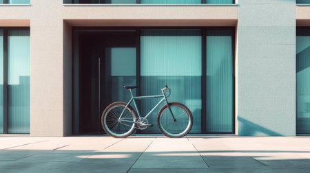 A stylish, minimalist bicycle leaning against a modern apartment building with large windows, showcasing urban sophistication and simplicityの素材