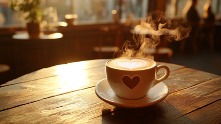 A steaming cup of coffee with a heart-shaped foam art on top, placed on a wooden table in a cozy cafe, representing warmth and affection.の素材