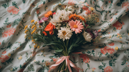 A top view of a bunch of assorted flowers tied together with a ribbon, placed on a patterned fabric, capturing the texture and colors of the bouquet.の素材
