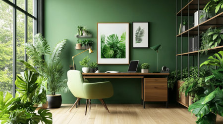 A stylish office with green accents in furniture and decor, including potted plants and green wall art, creating a modern and refreshing work environment.の素材