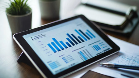 A tablet displaying a financial dashboard with bar graphs and other data, placed on a modern office desk, symbolizing real-time data analysis and decision-making.の素材