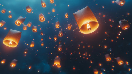 A top-down view of a multitude of floating lanterns ascending into the sky, with their warm light creating a beautiful contrast against a deep blue night sky.の素材