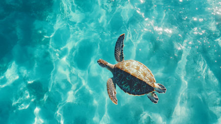 A top-down view of a sea turtle gliding through clear blue waters, with sunlight filtering through, capturing the serene beauty of marine life.の素材