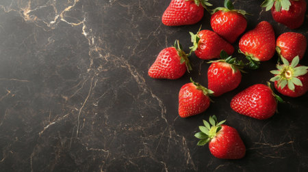A top-down view of strawberries scattered on a dark marble countertop, with a focus on their rich red color and textures.の素材