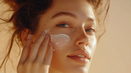 A woman gently applying moisturizer to her cheek, with a serene expression and radiant skin, symbolizing self-care and hydration.の素材