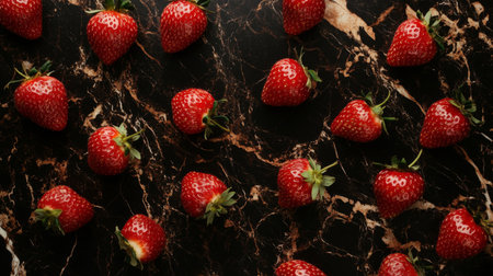 A top-down view of strawberries scattered on a dark marble countertop, with a focus on their rich red color and textures.の素材
