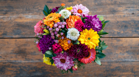 A top-down view of a vibrant bouquet of mixed flowers arranged in a round shape, with a variety of colors and textures, set on a wooden tableの素材