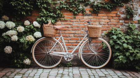 A vintage-style bicycle with a woven basket parked against a charming brick wall, surrounded by lush greenery and flowers.の素材
