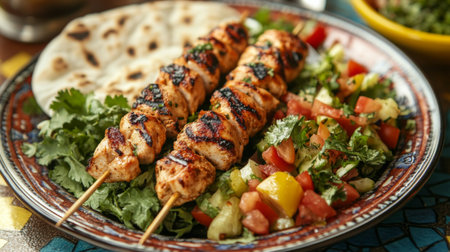 A vibrant food scene with grilled chicken skewers served with a fresh salad and pita bread, garnished with herbs and spices, set on a colorful tableの素材