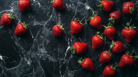 A top-down view of strawberries scattered on a dark marble countertop, with a focus on their rich red color and textures.の素材