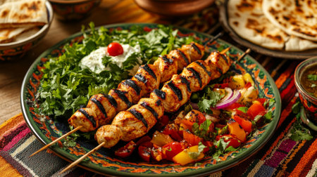 A vibrant food scene with grilled chicken skewers served with a fresh salad and pita bread, garnished with herbs and spices, set on a colorful tableの素材