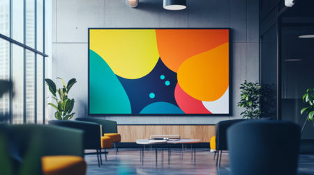 A vibrant and modern graphic design displayed on a large screen, featuring abstract shapes and bold colors, in a stylish office environment.の素材