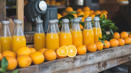 A vibrant market stall displaying fresh oranges with a juicer and bottles of freshly squeezed orange juice, symbolizing local produce and healthy choicesの素材