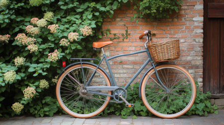 A vintage-style bicycle with a woven basket parked against a charming brick wall, surrounded by lush greenery and flowers.の素材