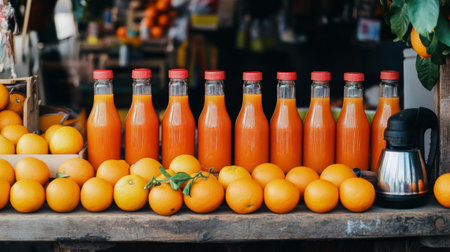 A vibrant market stall displaying fresh oranges with a juicer and bottles of freshly squeezed orange juice, symbolizing local produce and healthy choicesの素材