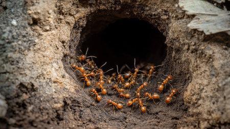 An ant nest in the ground with visible tunnels and worker ants busy around the entrance, capturing the complexity of their underground homeの素材