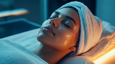 A woman lying on a spa bed with a towel wrapped around her head, her face glowing and relaxed, symbolizing luxury skincare and pampering.の素材