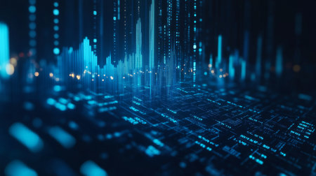 An abstract image of glowing blue financial graphs and stock market data on a dark background, representing the fast-paced world of financeの素材