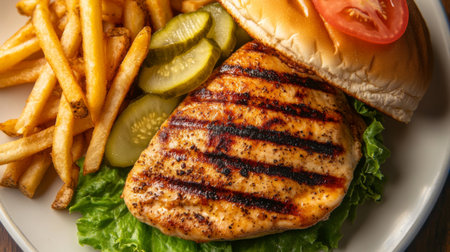 An overhead shot of a juicy grilled chicken sandwich with lettuce, tomato, and pickles, placed on a plate with a side of crispy fries, symbolizing a satisfying meal.の素材