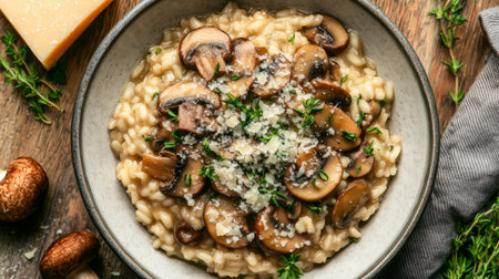 An overhead shot of a delicious mushroom risotto served in a bowl, garnished with fresh herbs and Parmesan cheese, ready to eat.の素材