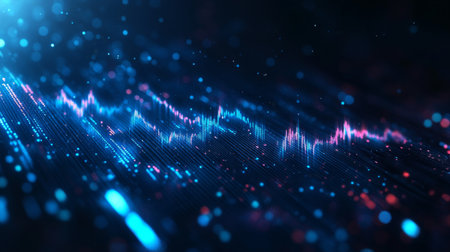 An abstract image of glowing blue financial graphs and stock market data on a dark background, representing the fast-paced world of financeの素材