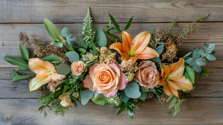 An overhead shot of a neatly arranged flower arrangement with roses, lilies, and greenery, placed on a rustic wooden surface for a romantic touch.の素材