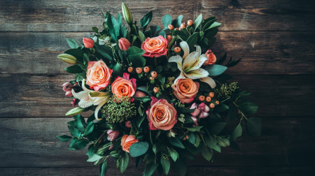 An overhead shot of a neatly arranged flower arrangement with roses, lilies, and greenery, placed on a rustic wooden surface for a romantic touch.の素材
