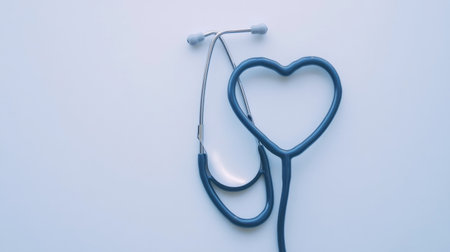 A stethoscope forming the shape of a heart on a white background, representing medical care and heart health, with soft lighting.の素材