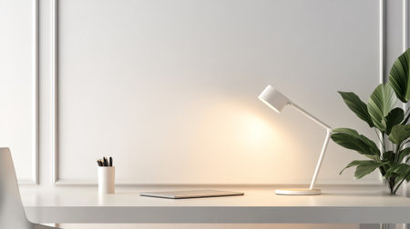 A sleek, minimalist desk lamp with a clean, geometric design, placed on a modern desk with a simple, neutral background.の素材