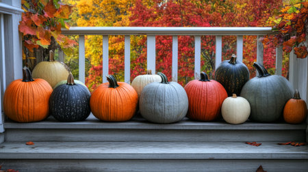 A variety of pumpkins in different sizes and colors displayed on a porch, with a backdrop of autumn foliage, showcasing the beauty of seasonal decorationsの素材