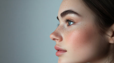 A profile view of a woman's face with clear, healthy skin, her hair gently pulled back, emphasizing the natural beauty of her complexionの素材