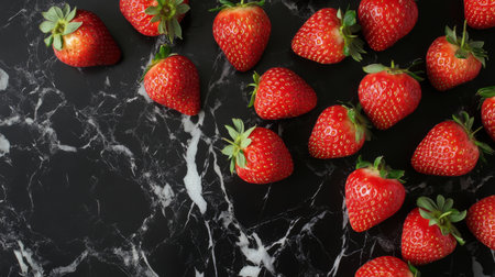 A top-down view of strawberries scattered on a dark marble countertop, with a focus on their rich red color and textures.の素材