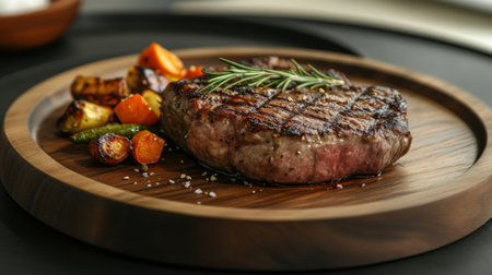 A perfectly cooked steak served on a wooden platter with a side of roasted vegetables and a sprig of rosemary, highlighting its juicy texture and flavor.の素材