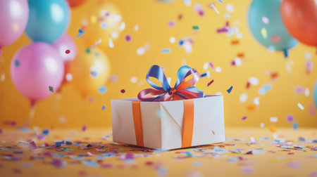 A single, open gift box with a colorful ribbon on a table, with confetti and balloons in the background, symbolizing celebration and surprise. aの素材