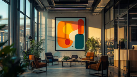 A vibrant and modern graphic design displayed on a large screen, featuring abstract shapes and bold colors, in a stylish office environment.の素材