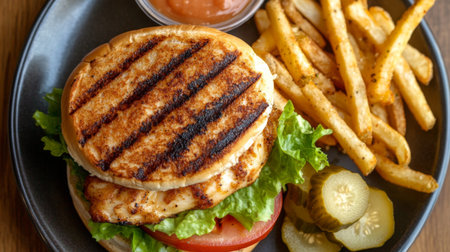 An overhead shot of a juicy grilled chicken sandwich with lettuce, tomato, and pickles, placed on a plate with a side of crispy fries, symbolizing a satisfying meal.の素材