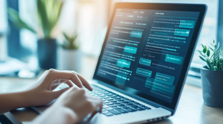 A person participating in an online webinar or virtual meeting, actively typing their thoughts and feedback into a chat or comment box.の素材