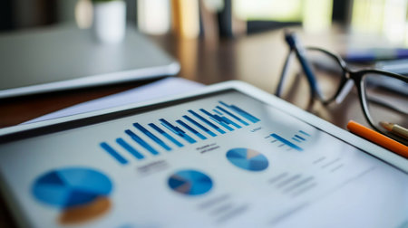 A tablet displaying a financial dashboard with bar graphs and other data, placed on a modern office desk, symbolizing real-time data analysis and decision-making.の素材