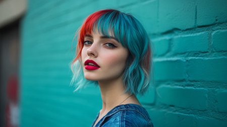 A woman with vibrant, colored hair styled into a trendy bob, showcasing bold and fashionable hair choices in a dynamic, urban environment.の素材