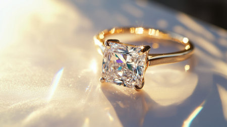 A radiant diamond ring placed on a clean white surface, with the stone's intricate cuts and sparkle taking center stage.の素材