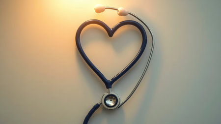A stethoscope forming the shape of a heart on a white background, representing medical care and heart health, with soft lighting.の素材