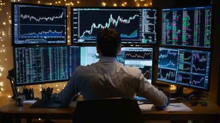 A professional trader at their desk with multiple screens showing live stock market graphs and data, symbolizing active trading and financial monitoring.の素材
