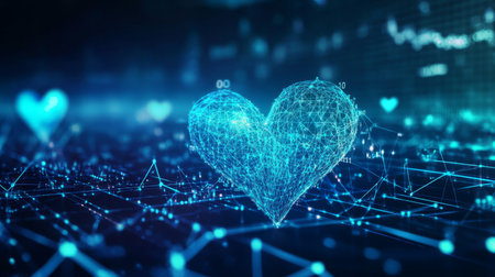 An abstract background with glowing heart waveforms running across a dark blue grid, representing heart health, technology, and life sciences.の素材