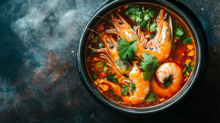 A steaming bowl of Tom Yum Goong photographed from above, with rich red broth, fresh shrimp, and Thai herbs creating a vibrant and appetizing scene.の素材