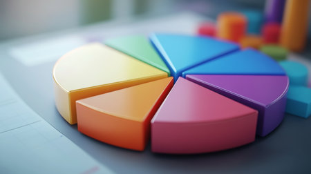 Close-up of a 3D pie chart with a portion pulled out to emphasize a specific segment, showcasing detailed data and a modern, professional look.の素材