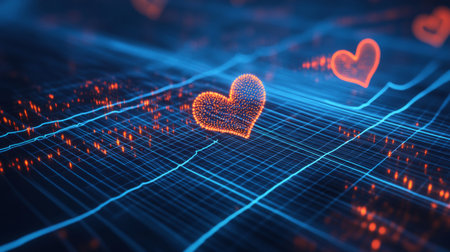 An abstract background with glowing heart waveforms running across a dark blue grid, representing heart health, technology, and life sciences.の素材