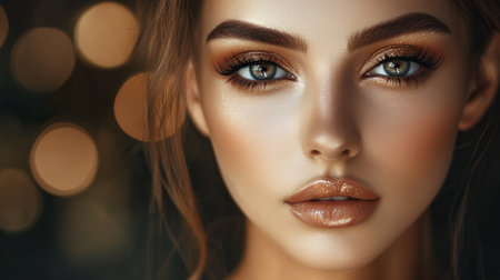 A high-resolution portrait of a woman with glamorous makeup, including shimmering eyeshadow and expertly sculpted brows, exuding confidence and sophistication.の素材