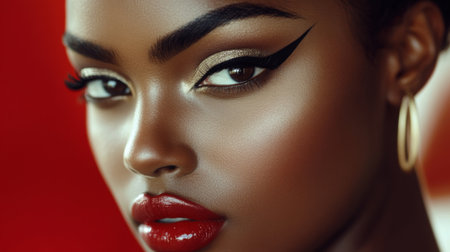 A close-up shot of a woman with meticulously applied makeup, showing off her perfect eyeliner, bold lipstick, and flawless skin, captured with a high level of detailの素材