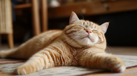 An adorable overweight orange cat stretching lazily on the floor, showing off its soft belly and content expression.の素材